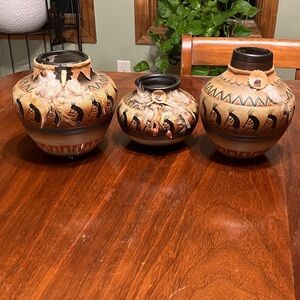 Decorative Pottery Vase with Kokopelli and Feather Accents